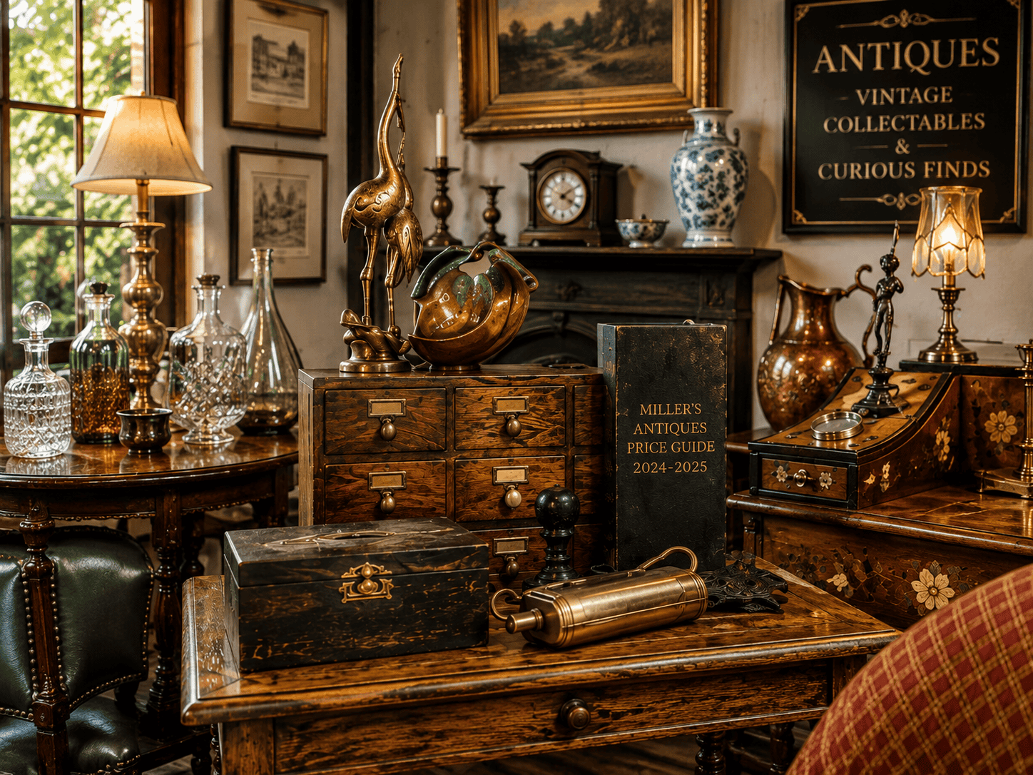 Warm editorial-style antique interior featuring vintage furniture, decorative glass, ceramics, brass ornaments and collecting reference books, representing the Antiques section of Antiques & Homes.
