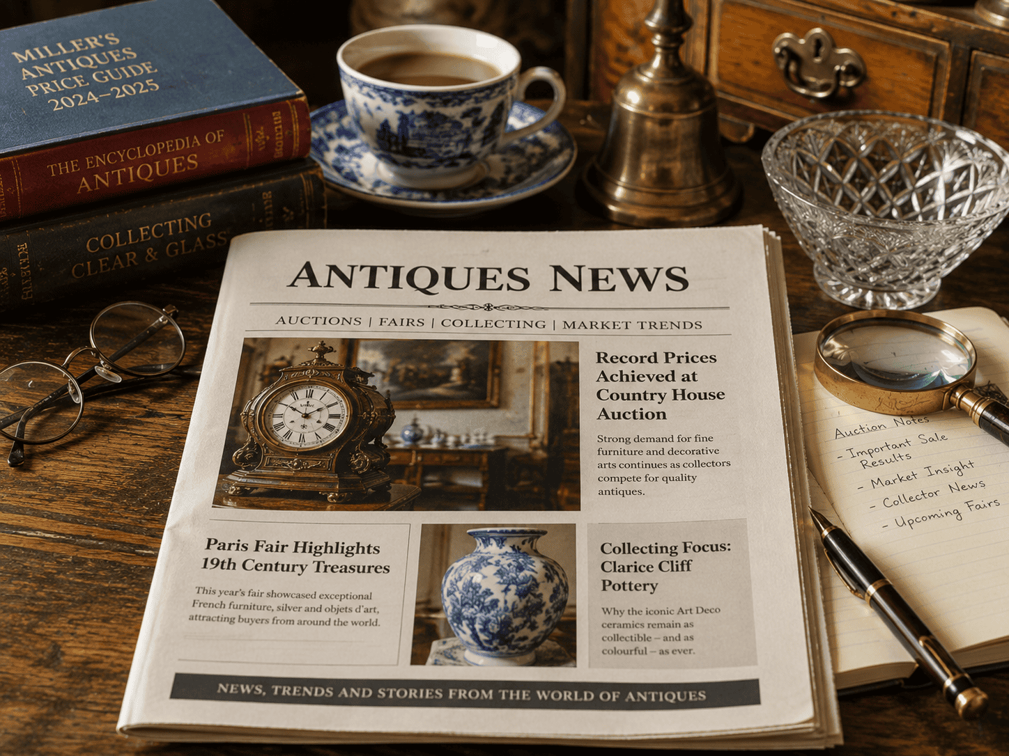 Antique identification and restoration workbench with reference books, magnifying glass, restoration notes, traditional tools and vintage furniture details.