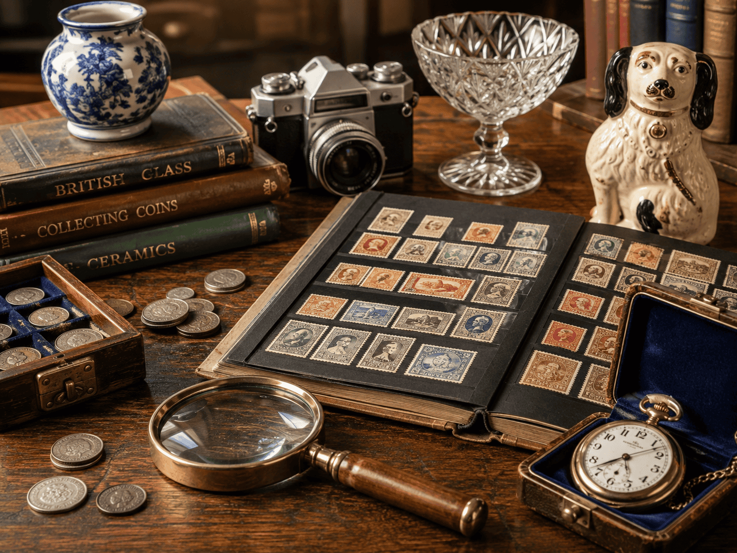 Collector’s table with vintage stamps, coins, pocket watch, camera, glassware and ceramics arranged with a magnifying glass.