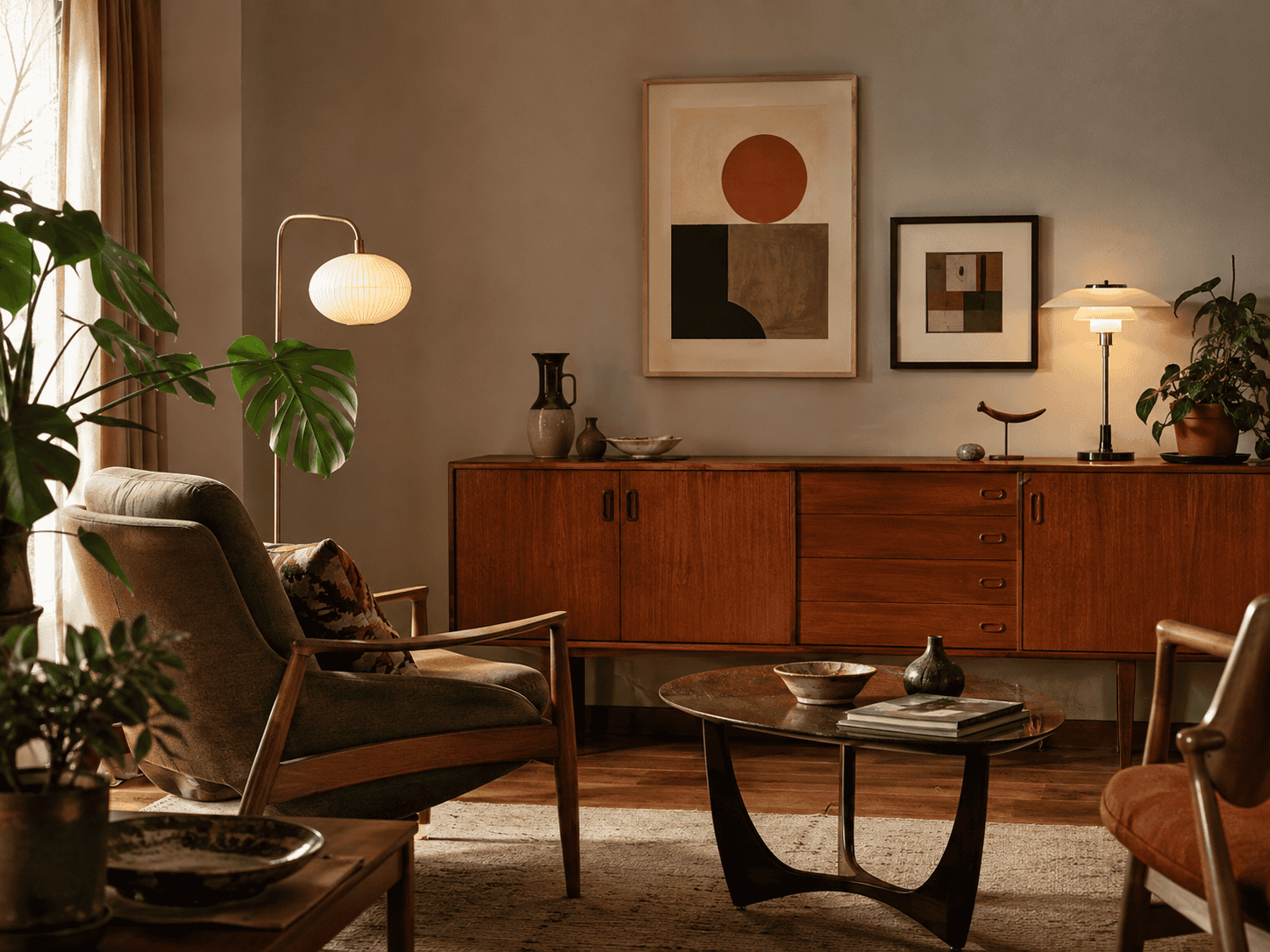 Warm mid-century modern living room featuring vintage teak furniture, retro lighting, abstract artwork and stylish decorative accessories.