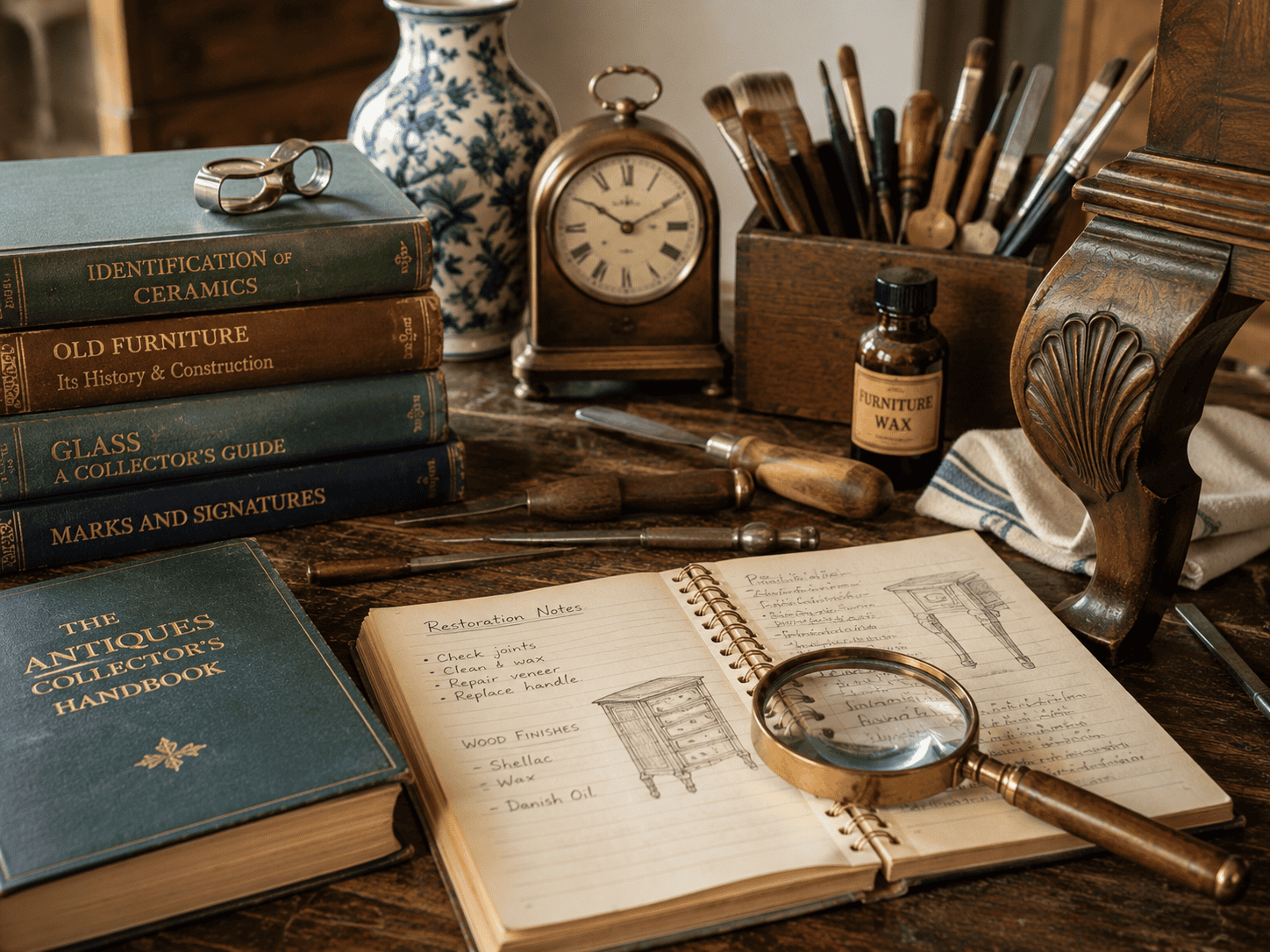 Antique identification and restoration workbench with reference books, magnifying glass, restoration notes, traditional tools and vintage furniture details.