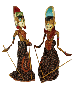 wayang golek rod puppets in brightly coloured costumes