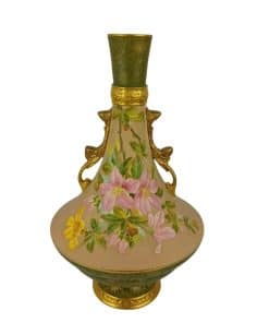 old hall vase attributed to christopher dresser with pink and yellow flowers