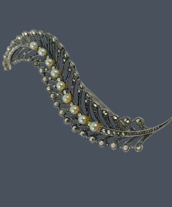 Alternative view of Silver and Pearl Fern Brooch – Marcasite Style, 1950s