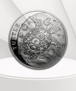 2016 Niue 2oz fine silver coin featuring a stylised Hawksbill turtle design with swirling shell detail and ocean bubbles, part of the Silver Taku series from the New Zealand Mint.