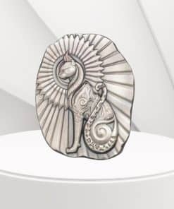 "Ultra-high relief 5oz silver bar featuring an ornate Egyptian cat design with an antiqued finish and fan-shaped background, crafted by Argentia."