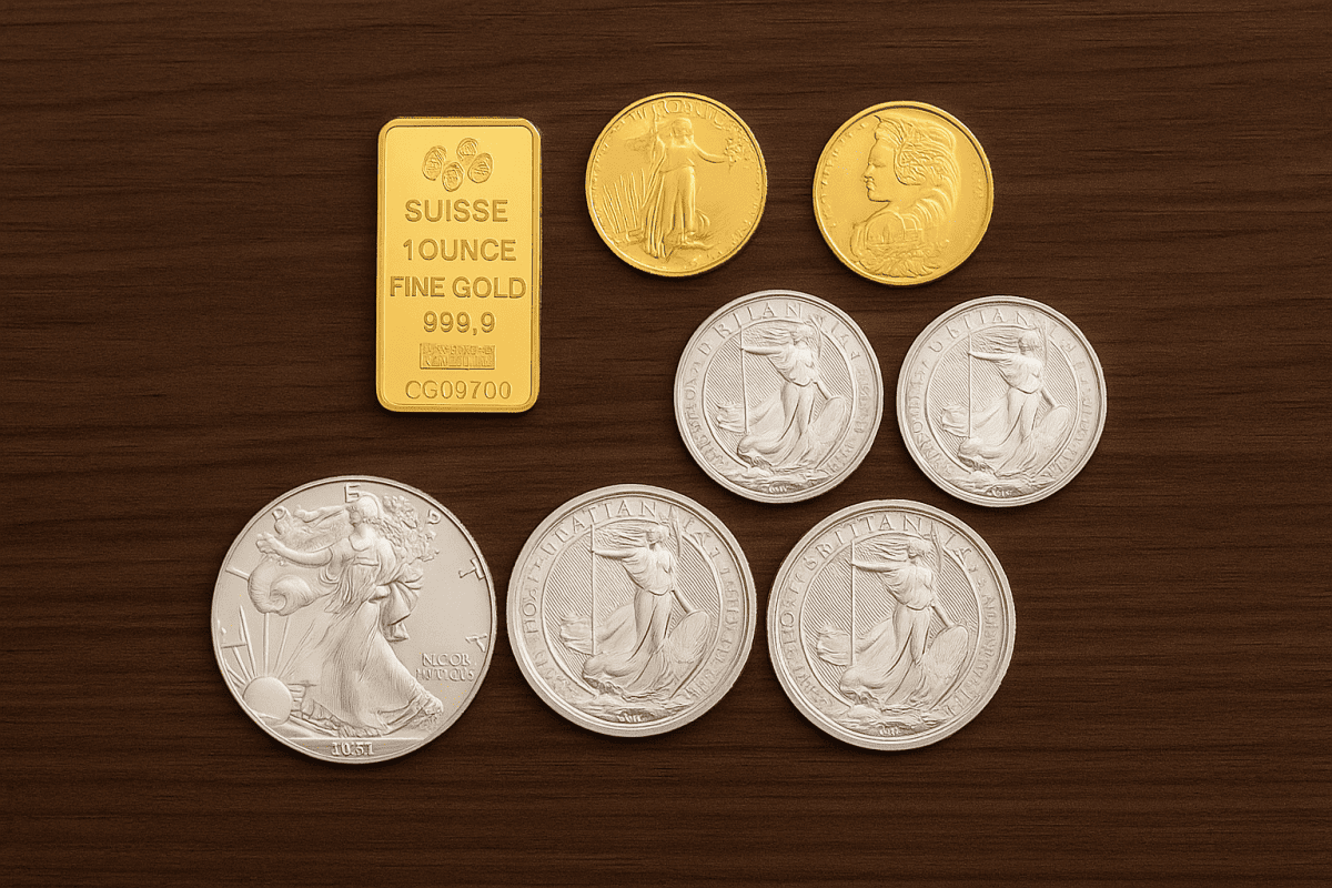 A collection of gold and silver bullion displayed on a dark wooden surface, including a 1-ounce Suisse gold bar, two gold coins, and several silver Britannia and American Eagle coins, all arranged neatly and captured in warm lighting."