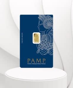 blue cased pamp1g gold bar set against white curtain backdrop