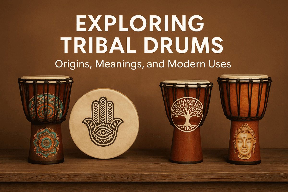 Four tribal drums displayed on a wooden surface against a warm brown background, featuring hand-painted designs of a mandala, hamsa, tree of life, and Buddha face, with the text “Exploring Tribal Drums – Origins, Meanings, and Modern Uses” above.