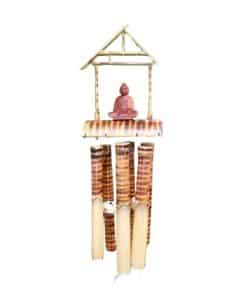 Handmade bamboo Buddha windchime with six medium tubes and carved Buddha figure, natural finish, designed for garden or meditation space.