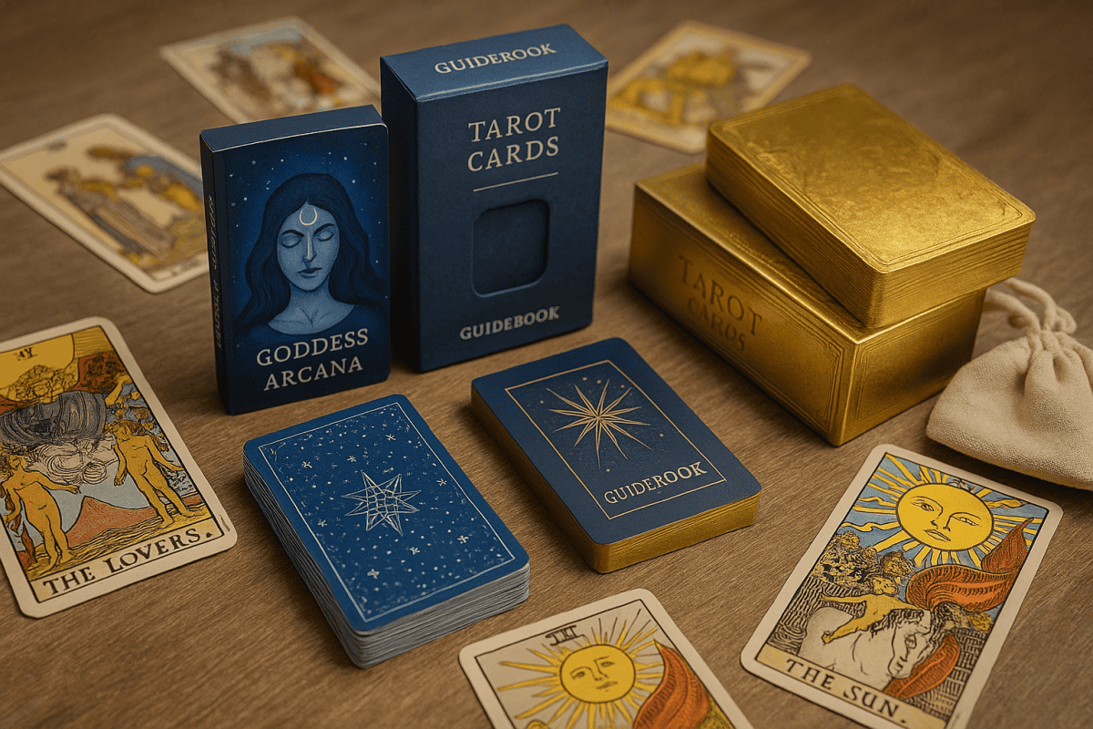 Photorealistic image of tarot and oracle card decks displayed on a wooden table, including the Goddess Arcana box, gold foil tarot cards, guidebook, and cards such as The Lovers and The Sun.
