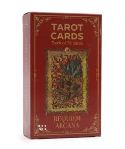 Image of Gothic Tarot Cards with guide book – Requiem Arcana set, Red Box, featuring skeletal illustrations by Vera Petruk with companion guidebook.