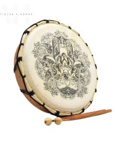 30cm Hamsa Shamanic Drum made from suar wood with goat skin surface, hand-painted Hamsa design, and supplied with two sticks