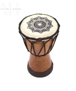 image of a wide top djembi drum 16cm accross in brown with a mandala patterned top