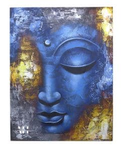Abstract Buddha Painting with blue face design, handmade acrylic on canvas, framed in Durran wood, 80x60cm, ready to hang.