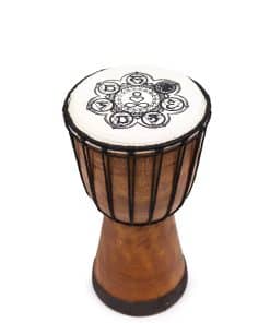 30cm Chakra Wide Top Djembe Drum with hand-painted chakra design on the skin, flared top, and artisan Indonesian craftsmanship.