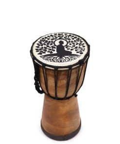 25cm Buddha Wide Top Djembe Drum with flared top, hand-painted Buddha design on the skin, and compact artisan craftsmanship.