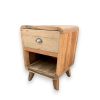 Handmade round bedside table with one drawer and shelf, crafted from reclaimed teak wood in Bali with rustic finish and natural colours.