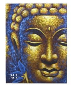 Image of a Buddha painting with a gold face and lotus flower design on canvas, framed in natural wood, size 80x60cm.