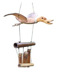 Handmade bamboo duck windchimes from Indonesia with natural coconut detail, approx. 1 metre long, eco-friendly and ideal for garden or home décor.
