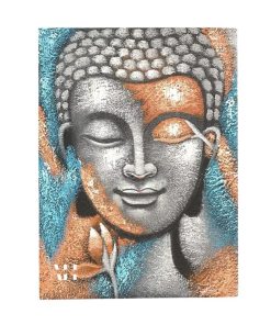 Decorative Buddha Painting in silver and rose gold with floral detail, 75x55cm canvas, textured design, framed and ready to hang.