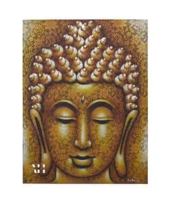Handmade Gold Buddha painting with golden tones, signed by Balinese artist, framed in wood and ready to hang.
