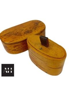 Pair of early 1800s Scandinavian snuff boxes, handmade in birch bark and pine, one with leather handle.