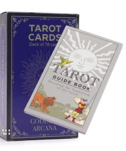 Image of Tarot Cards with Guide Book – Goddess Arcana set, including 78 goddess-themed tarot cards, guidebook, and elegant blue box.