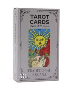 Image of Traditional Tarot Cards set including 78 illustrated tarot cards, silver-grey storage box, and companion guide book.
