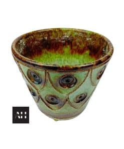 Image of a Vintage Jaffe Rose Plant Pot with green and brown glazes, ring-and-dot pattern, original Jaffe Rose label, and Italy stamp to base.