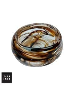 Image of a Whitefriars Knobbly Bowl in streaked brown lead crystal with chocolate streaks, 14cm diameter, 5cm height, mid-century design.