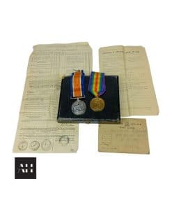 Image of First World War Medals – British War Medal and Victory Medal with ribbons, box, and service papers awarded to PTE Arthur Kiddel.
