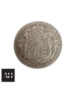Close-up of 1918 Half Crown in very good collectable grade showing George V portrait and detailed silver patina.