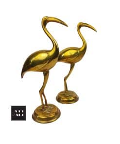 Pair of Brass Ibis Birds in polished brass, mid-century vintage figures ideal for interior design and elegant home styling.