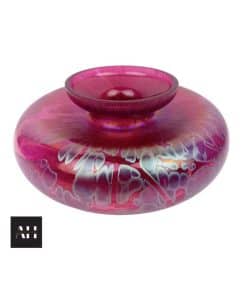 Michael Harris Vase, squat form Royal Brierley Studio glass, iridescent red and gold hand-blown vase, circa 1990, excellent condition.