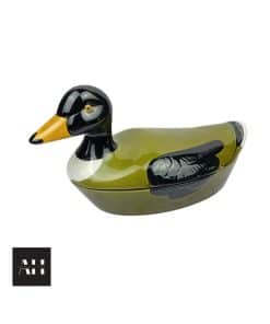 Michel Caugant Duck Pâté Dish, vintage 1980s French glazed ceramic in multicoloured finish, handmade collectible in excellent condition.