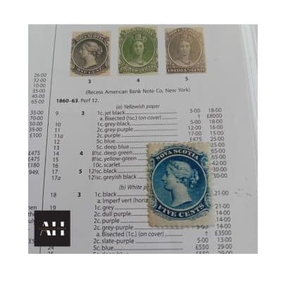 stanley gibbons catalogue page showing valu of Nova Scotia 5 Cents Blue stamp, 1860 