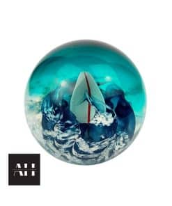 an aqua coloured ocean racer paperweight, Caithness Scotland