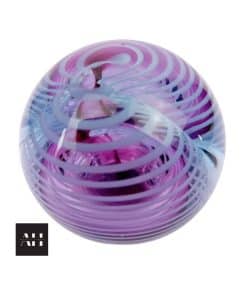 1982 Okra Glass Paperweight by Richard Golding showing purply ruby, blue, and white design with swirling ribbons, handmade British studio glass.