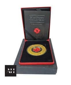 War Poppy Collection Symbol of Remembrance Edition by Jacqueline Hurley – acrylic poppy painted with Somme soil, 24 ct gold-plated surround engraved with lines from “In Flanders Fields,” limited edition commemorative coin.