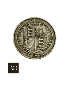 1887 Shilling, images of Victorian silver coin with Jubilee portrait and clear detail