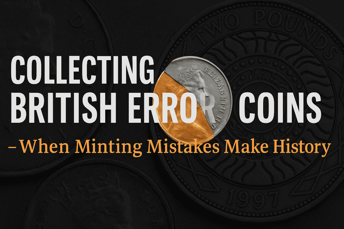 A digital banner image showing various British coins, including pound and two-pound pieces, arranged with a magnifying glass in soft lighting. The text reads “Collecting British Error Coins” against a clean background, representing minting mistakes and coin collecting in the UK.
