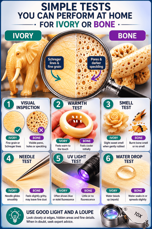 Collector infographic comparing ivory and bone using six identification tests, highlighting Schreger lines, bone pores, warmth, smell, UV light response and water drop behaviour.