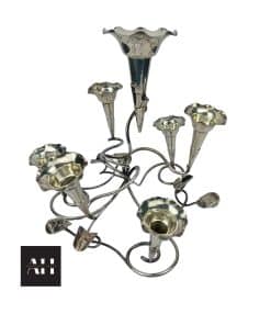 Silver Plated Epergne by Cropp and Farr with seven removable flutes or trumpets, vine and leaf design, late 19th–early 20th century, marked C & F BP NS.