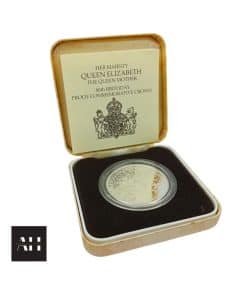 Silver Proof Crown 1980, Queen Mother 80th Birthday Royal Mint proof coin in capsule, cream leatherette case with booklet, excellent condition.