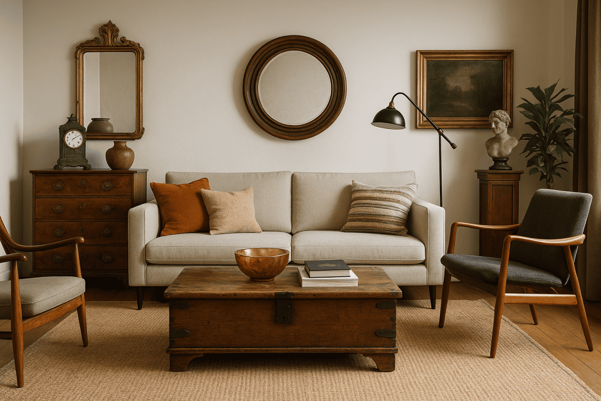 Modern living room mixing vintage and modern décor with warm tones and layered textures.