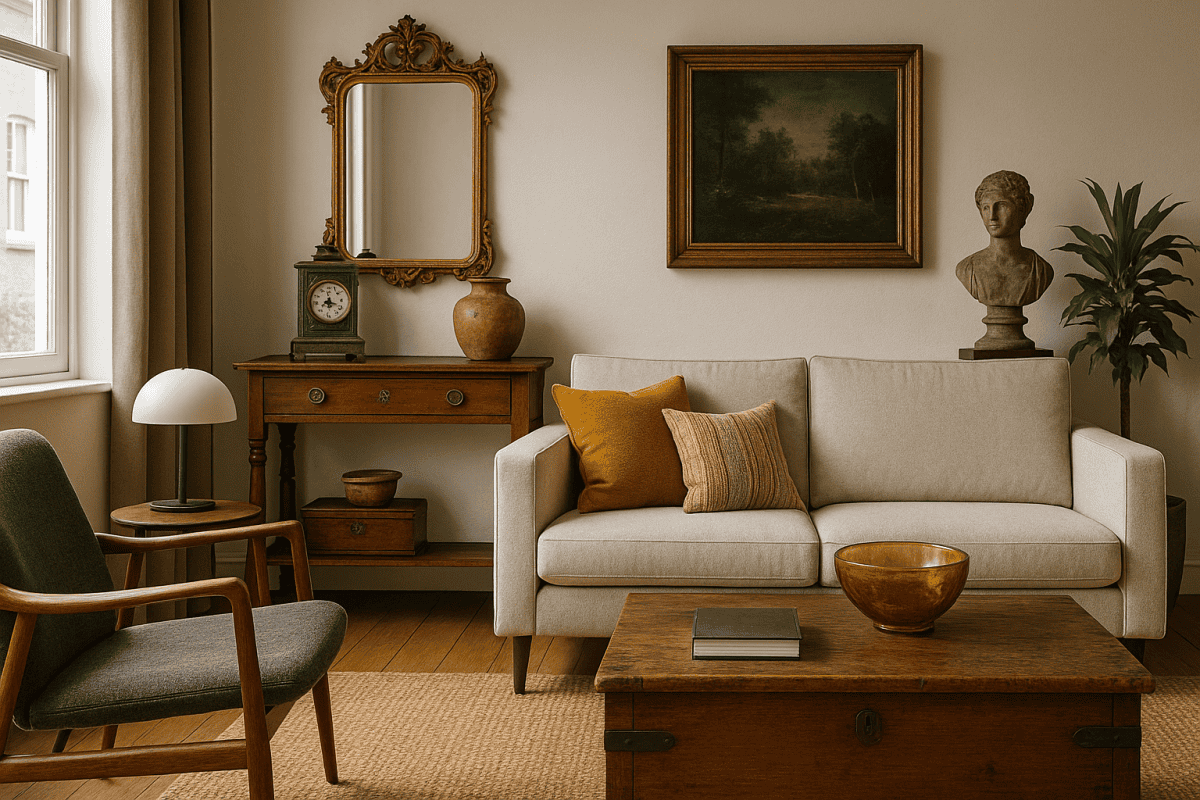 A mix of Vintage and modern décor, combined in a contemporary living room, with contrast and balance.