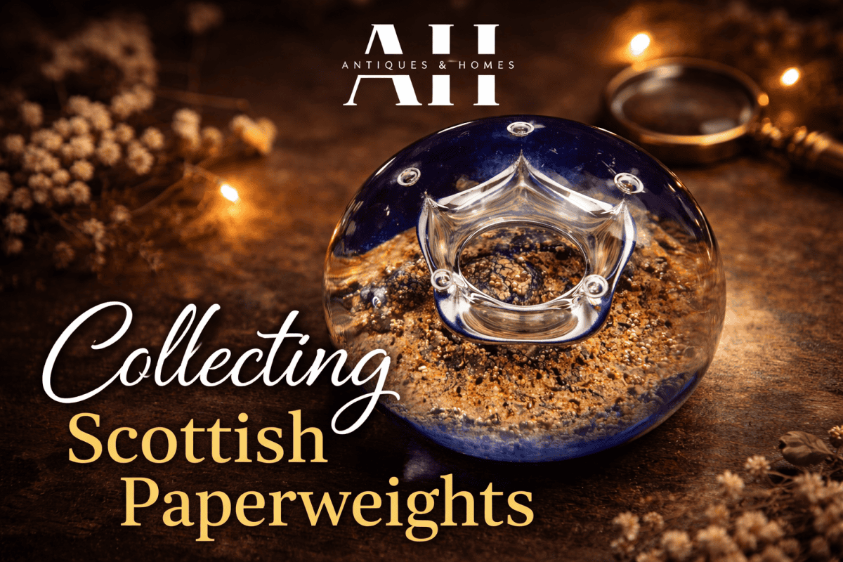 Selkirk Glass Scottish coronet paperweight by Peter Holmes with controlled bubbles and sandy aventurine-style base, photographed for a blog post on collecting Scottish paperweights.