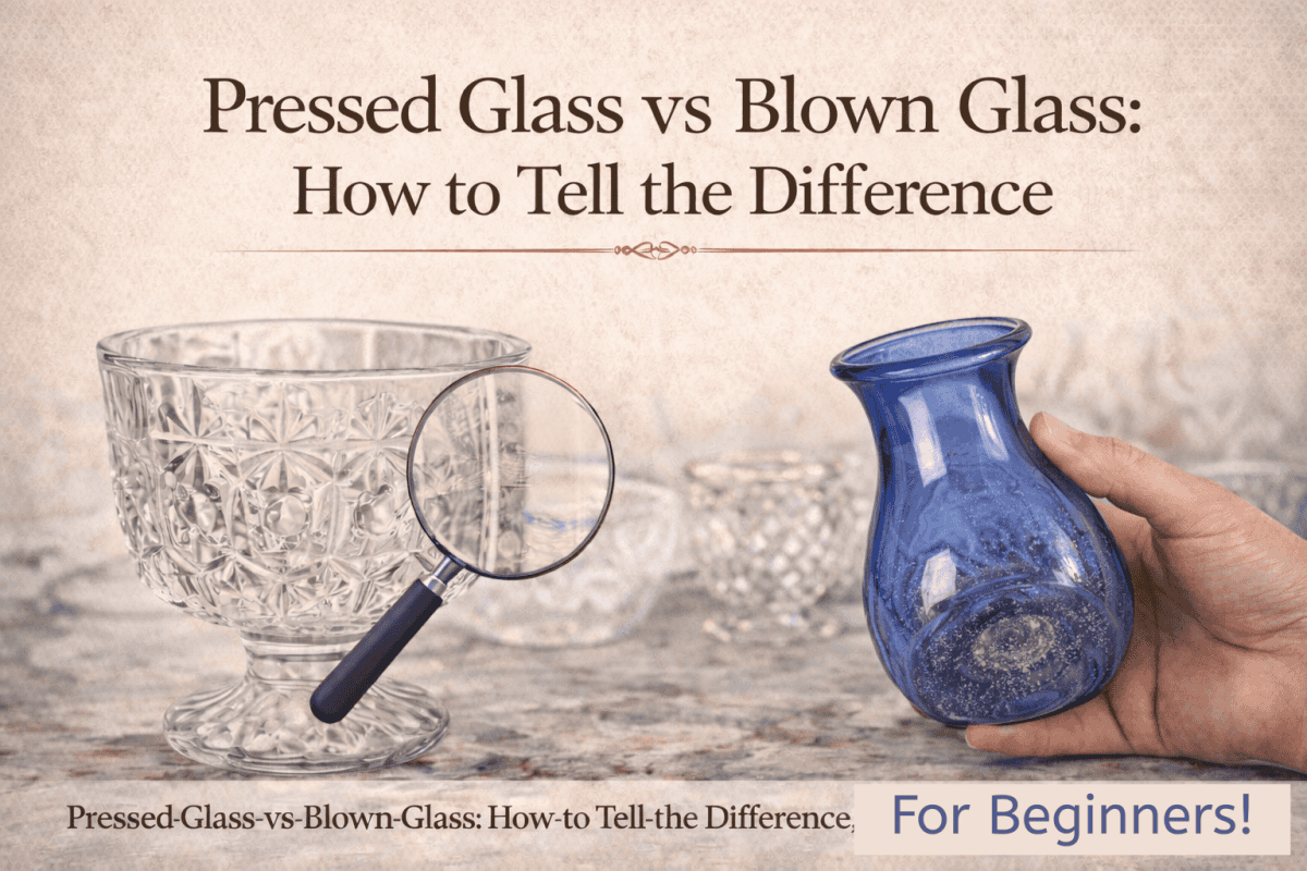Pressed glass vs blown glass comparison showing mould seams on pressed glass and a pontil mark on blown glass