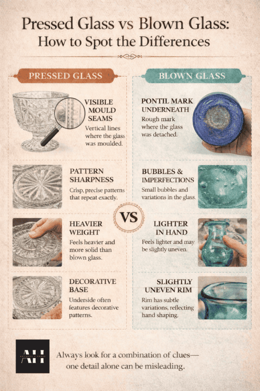infogram detailing the differences between pressed and blown glass